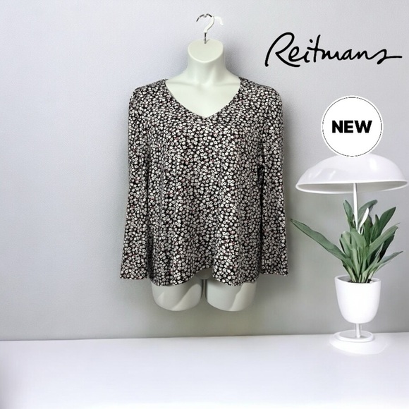 NWOT, Reitmans, Plus Size Long-Sleeve V-Neck Tee, XXL, White, Black, Pink - Picture 1 of 9